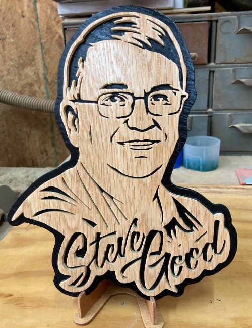 Scroll-cut wood portrait of Steve Good, handcrafted by Vern Bishop